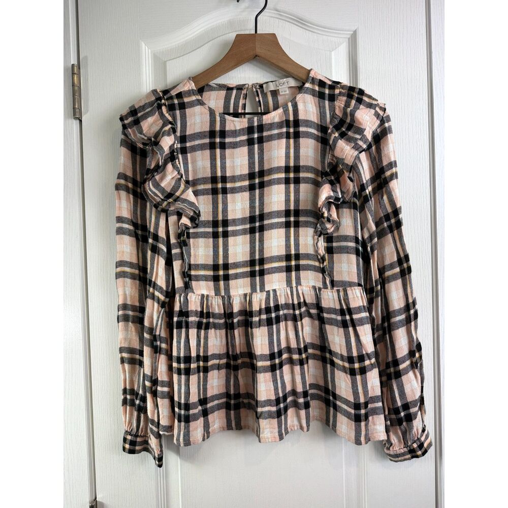 LOFT Women's Ruffle Plaid Blouse Top Long Sleeve Pink Black Top Size XS